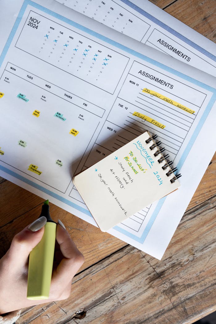 Top view of hands organizing tasks with a calendar and notepad planner.